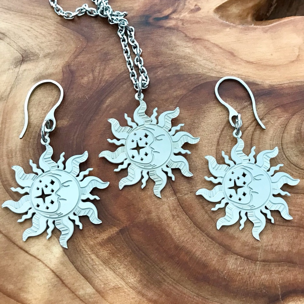πSun Moon and Stars Laser Etched Necklace and Earrings Set Stainless Steel - Picture 2 of 6